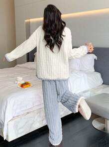 DAZY Cartoon Pattern V-neck Long Sleeve Furry Pajama Set - Blue - View 2