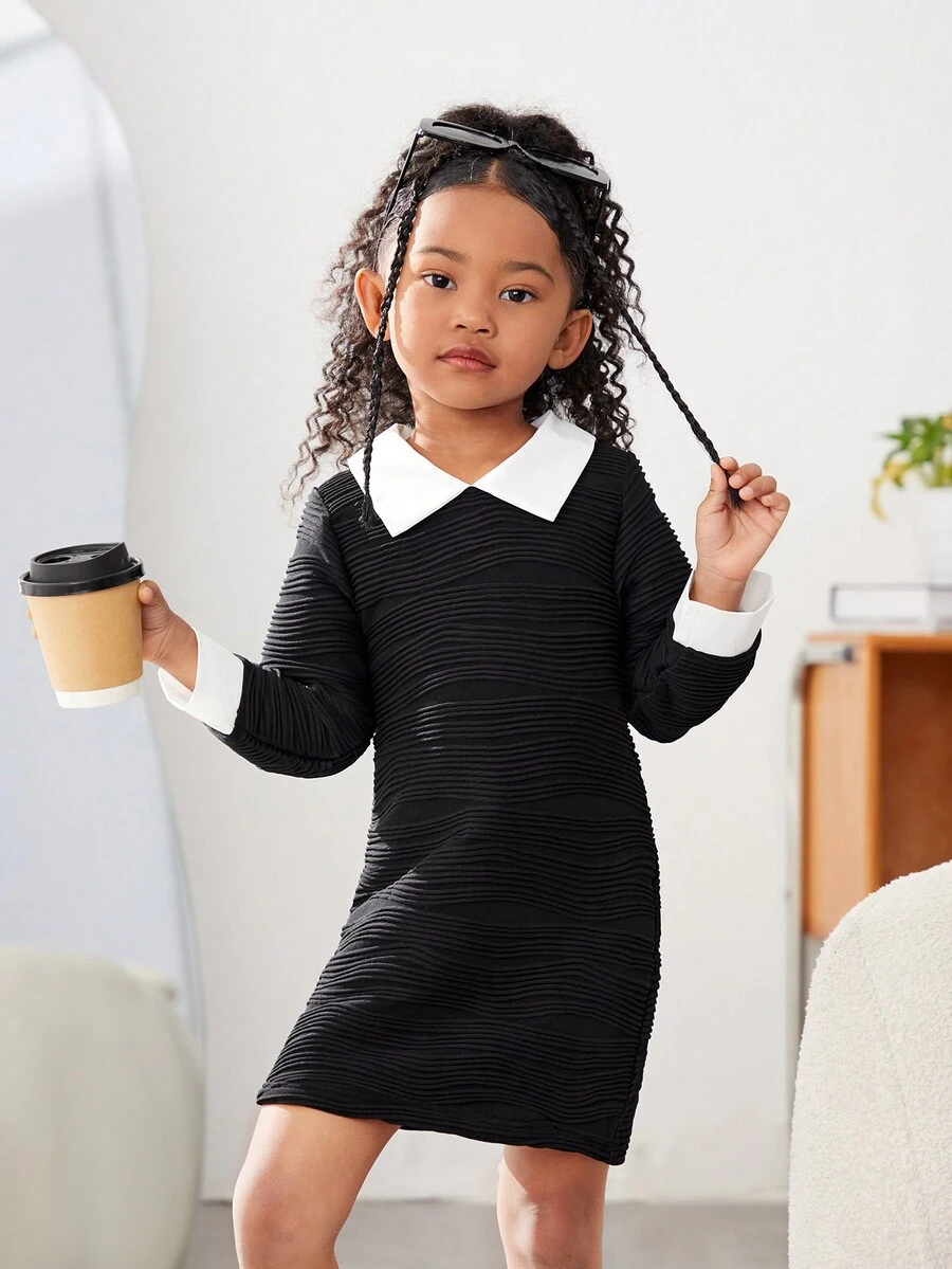 SHEIN Nhỏ bé Cô gái Tương phản Cổ tròn Và Tay áo Cổ tay áo Đầm - Đen và trắng - Xem 1