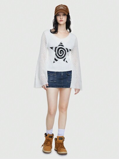 Grunge Punk Pull Creux Avec Motif D'étoile Et Des Manches De Cloche