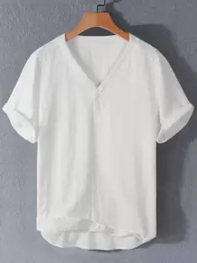 Manfinity Homme Men's Solid Color V-Neck Short Sleeve Shirt - White - View 1