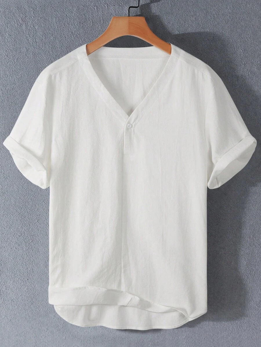 Manfinity Homme Men's Solid Color V-Neck Short Sleeve Shirt - White - View 1