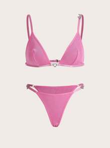 Conjunto de lencería con sostén y panty decorado con anillo en forma de corazón - Rosa - Ver 5