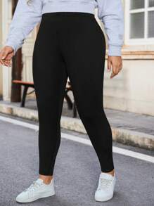 Calvaya Plus Size Solid Color Warm Lined Leggings - Black - View 6