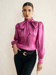 Aveloria Modichic 纯色系带领灯笼袖衬衫节日派对服装纽扣衬衫女士长袖上衣 - 酒紅色 - 查看 4