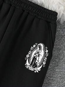 SHEIN EZwear Character Printed Round Neck Sweatshirt And Sweatpants Set - Black - View 4