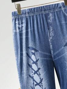 Maweii 大码女式牛仔效果印花紧身裤 - 藍色 - 查看 5