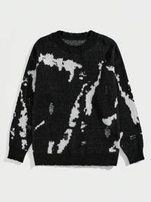 ROMWE MEN Grunge Punk Men's Round Neck Distressed Pullover Sweater, Fall/Winter - Black and White - View 1