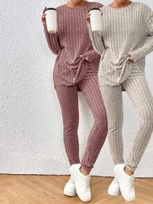 SHEIN Frenchy Solid Color Knit Round Neck Long Sleeve Pants Casual Two-Piece Set - Multicolor - View 4