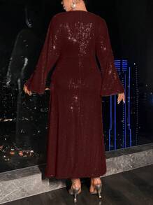 Allurite Plus Size V-neck Bell Sleeve Dress - Burgundy - View 2