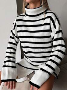 EURMUSE Cổ cao Thả vai Sọc Áo len - màu đen - Xem 3