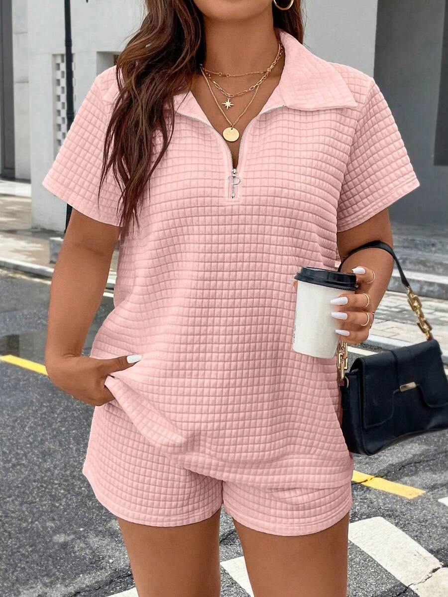 Calvaya Plus Size Women's Zipper Half Placket Short Sleeve Top And Shorts Set