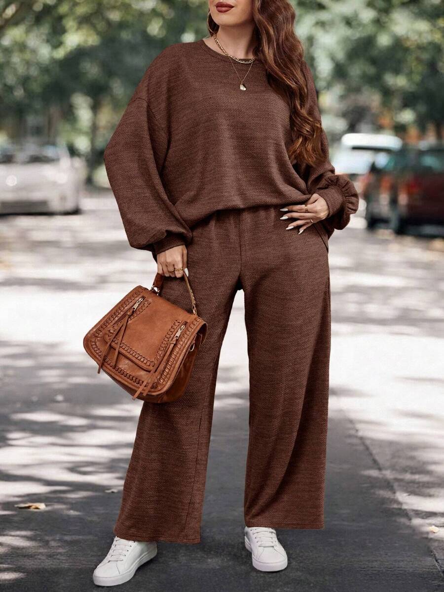 SHEIN LUNE Kích thước lớn Màu thuần Thả vai Tay áo Hoodie Và Quần Bộ - Cà phê nâu - Xem 1