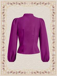 SHEIN DECDS Solid Color Lantern Sleeve Shirt - Purple - View 2
