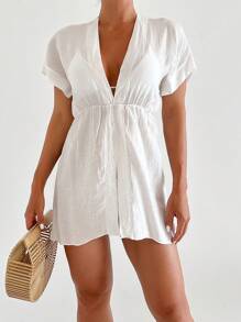 SHEIN Swim 女款深 V 領蝙蝠翼短袖罩衫婚禮