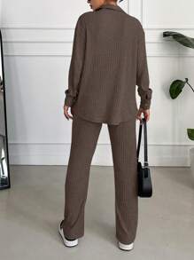 EURMUSE Solid Color Fine Ribbed Knit Leisure Comfortable Set - Brown - View 2