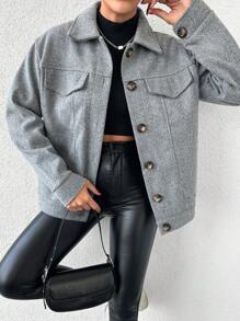 EURMUSE Woolen Coat With Lapel & Drop Shoulder Design - Grey - View 3