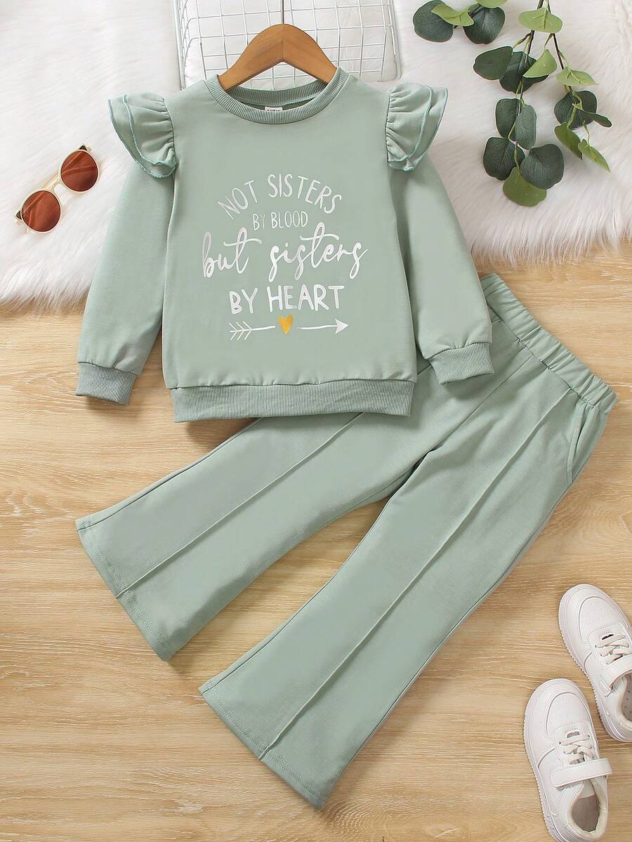 SHEIN Nhỏ bé Cô gái In Ruffle 2 Miếng - màu xanh lá - Xem 1