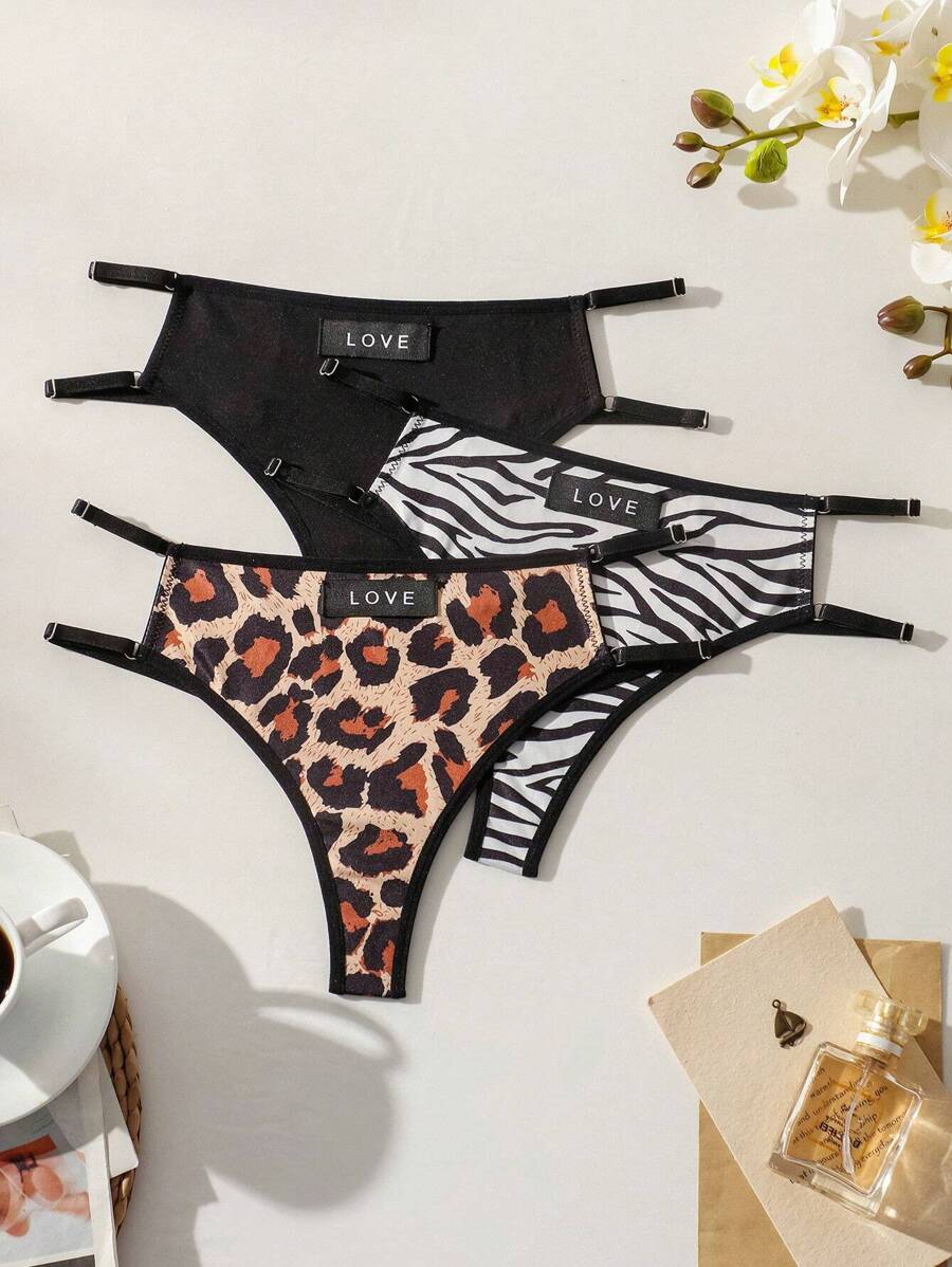 SHEIN 3pcs/set Women's Leopard & Zebra Print Thong Underwear - Multicolor - View 1