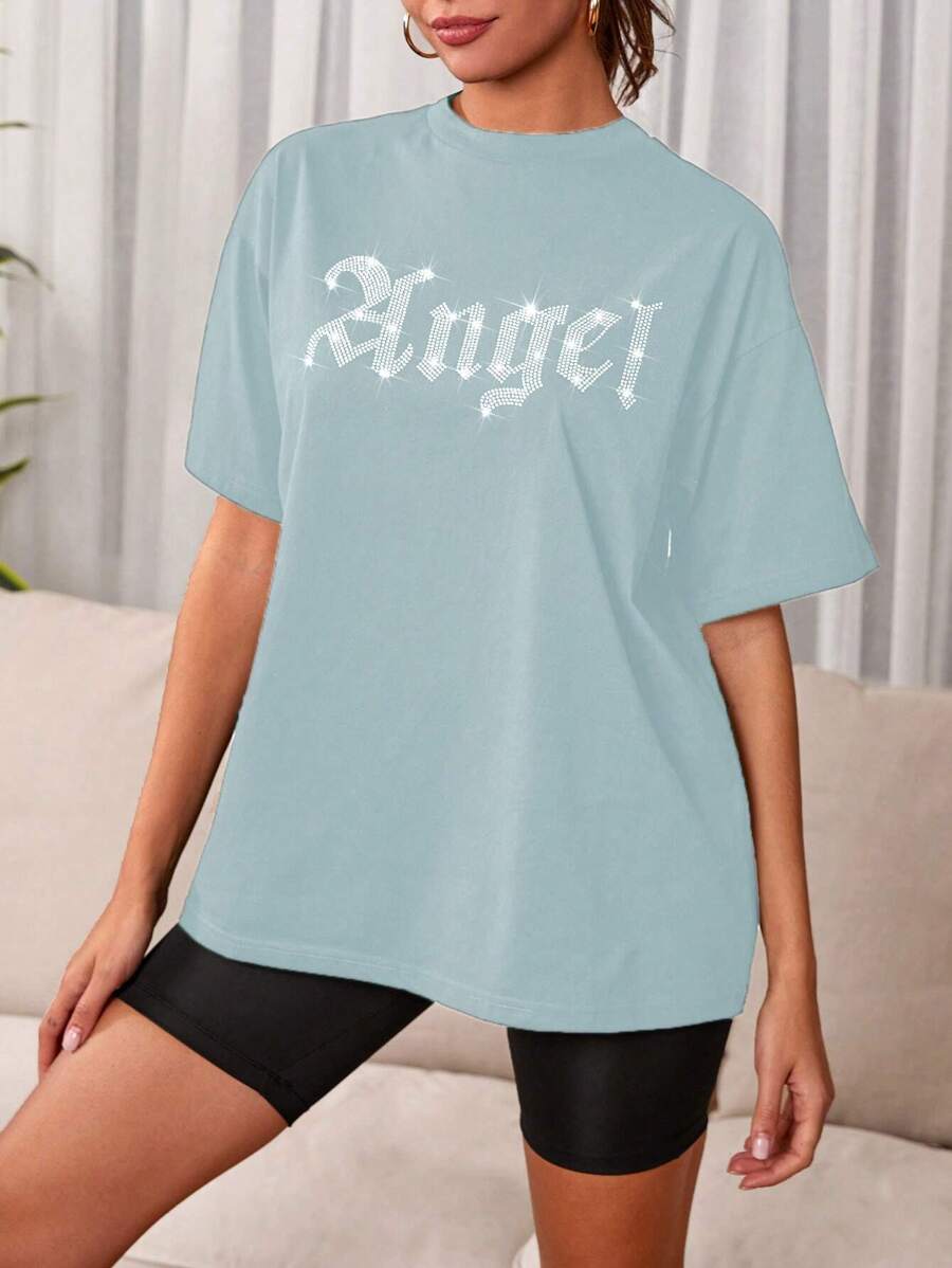 SHEIN Cottnline 鑽石字母裝飾短袖t恤 - 綠色 - 查看 1
