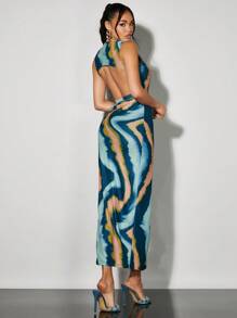 SHEIN BAE 女士線條抽象圖案紋理印花高開衩露背緊身背心連身裙 - 綠色 - 查看 2