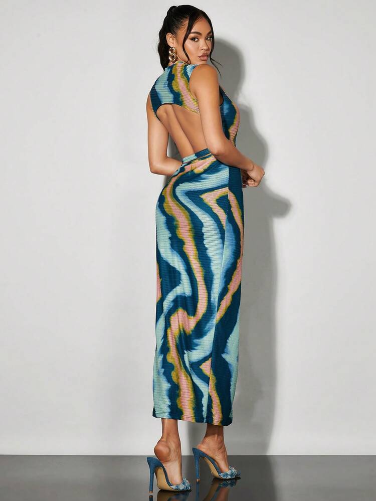 Women'S Line Abstract Pattern Texture Print High Slit Backless Tight Tank Top Dress