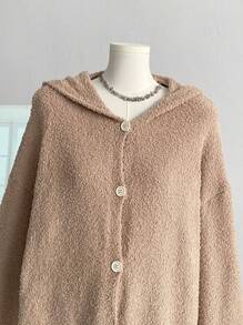 Flirla Solid Color Hooded Casual Knit Cardigan - Camel - View 5