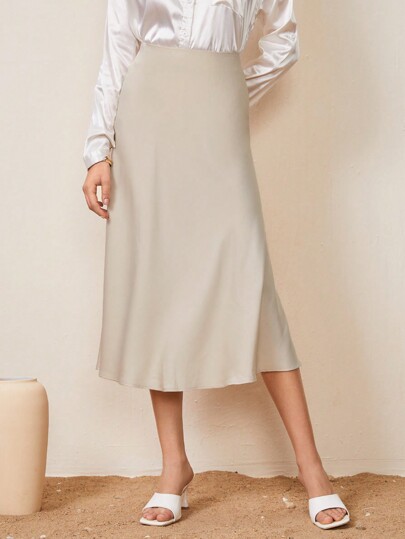 BizChic Women's Solid Color High Waist Satin Long Skirt, Elegant Minimalist Office Commuter Uniform, Suitable For Work, Business Casual, Teacher Outfit