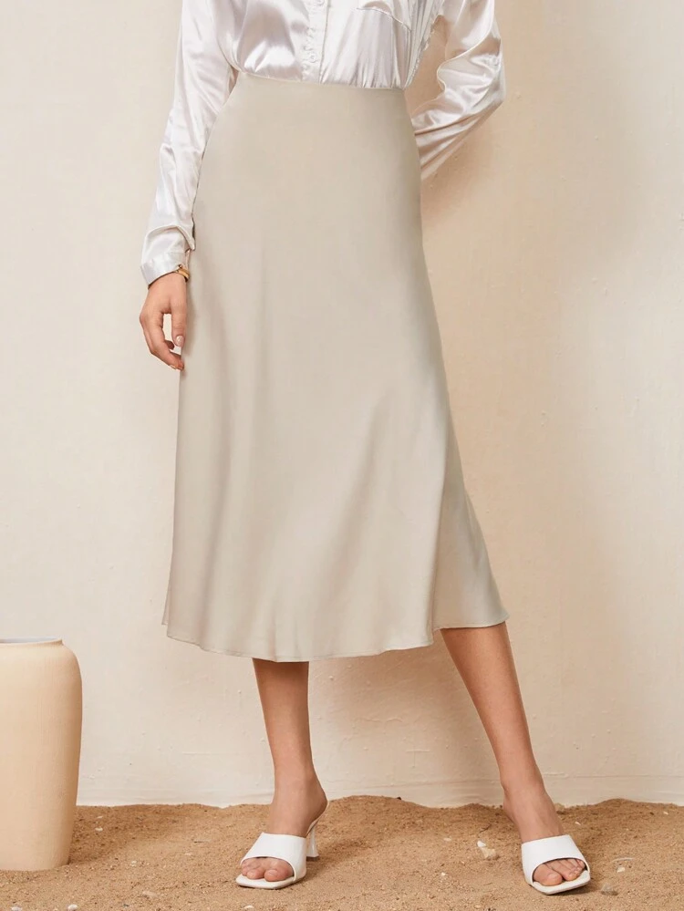 Women's Solid Color High Waist Satin Long Skirt, Elegant Minimalist Office Commuter Uniform, Suitable For Work, Business Casual, Teacher