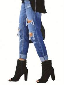 休闲水洗做旧锥形牛仔裤 - 中等水洗藍 - 查看 3