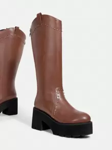 SheIn ICON Casual Women'S Reddish Brown High Heel Knee-High Boots With Back Zipper And Stud Decor