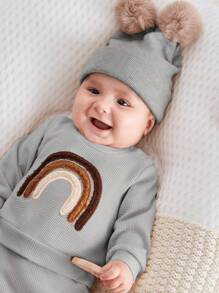 SHEIN Baby Boy Three-Color Rainbow Embroidery Round Neck Sweatshirt And Pants Set - Light Grey - View 6