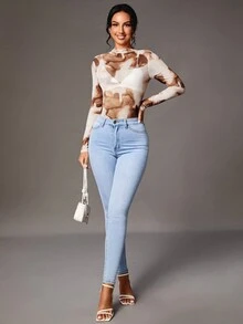 SHEIN Tall 1pc Lettuce Trim Tie Dyed Mesh Bodysuit - Multicolor - View 6