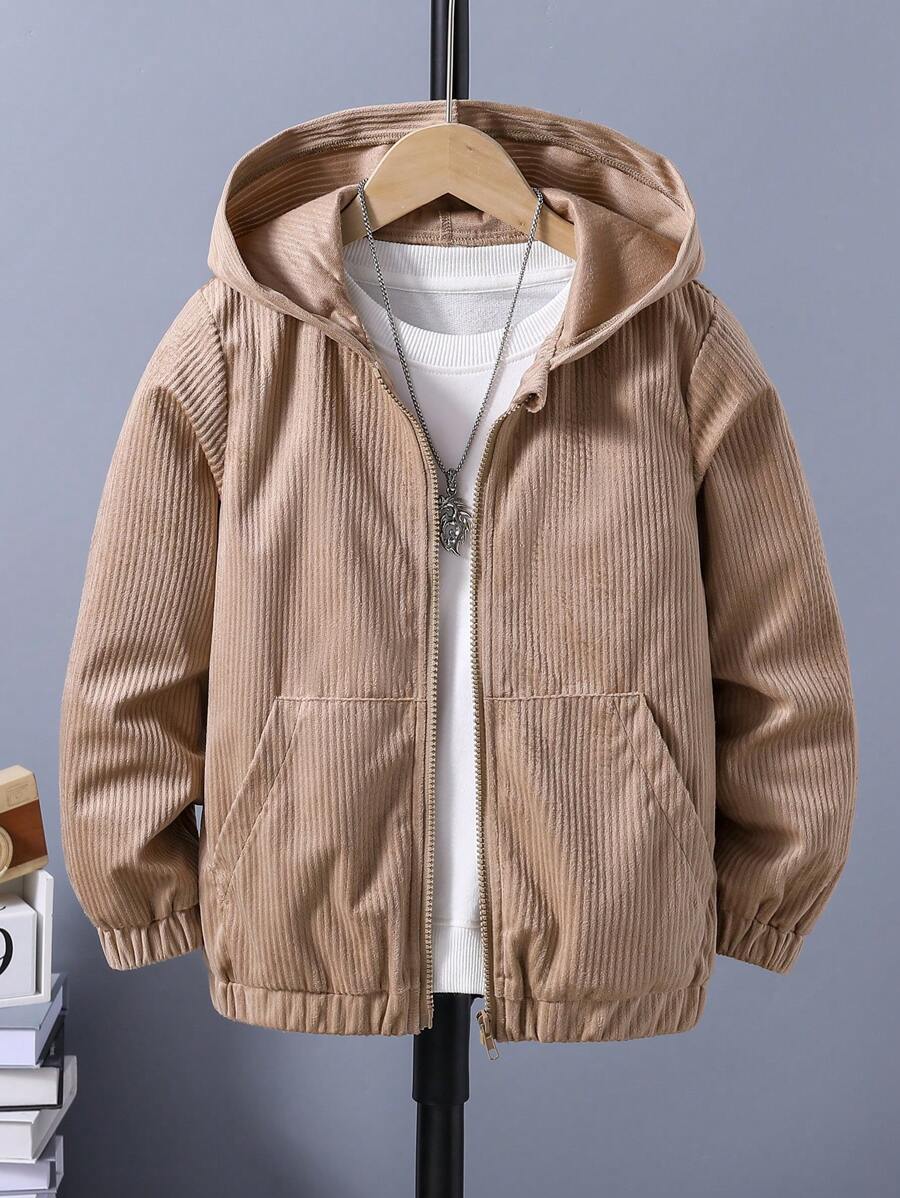 SHEIN 男童純色帽兜夾克 - 卡其色 - 查看 1