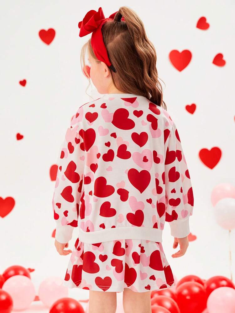 Young Girl Heart & Bowknot Decor Long Sleeve Top & Skirt Two-Piece Set For Autumn And Winter