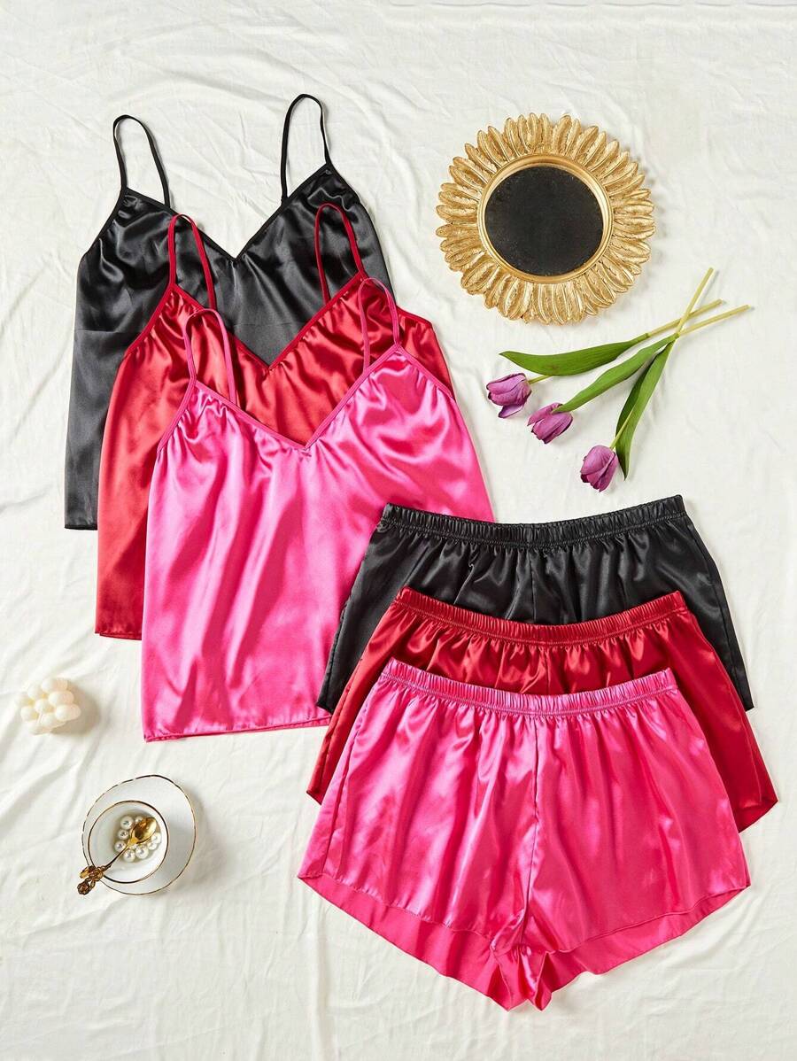 加大码3件套纯色缎面睡衣套装