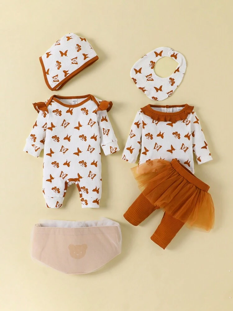 Baby Girls' Multi-Piece Set With Ribbed & Solid Butterfly Print Fashionable Comfortable Gift Set For Autumn And Winter