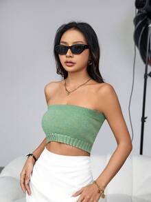 SHEIN Essnce 短款針織前開襟落肩開襟衫和無肩帶針織上衣 - 綠色 - 查看 5