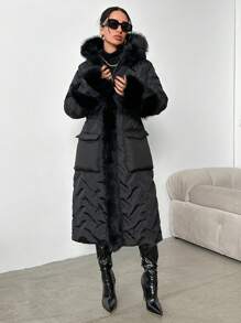 SHEIN Cottnline Patchwork Hem Long Padded Coat - Black - View 4