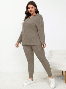 SHEIN Frenchy 大尺碼單色休閒兩件套裝 - 棕色 - 查看 6