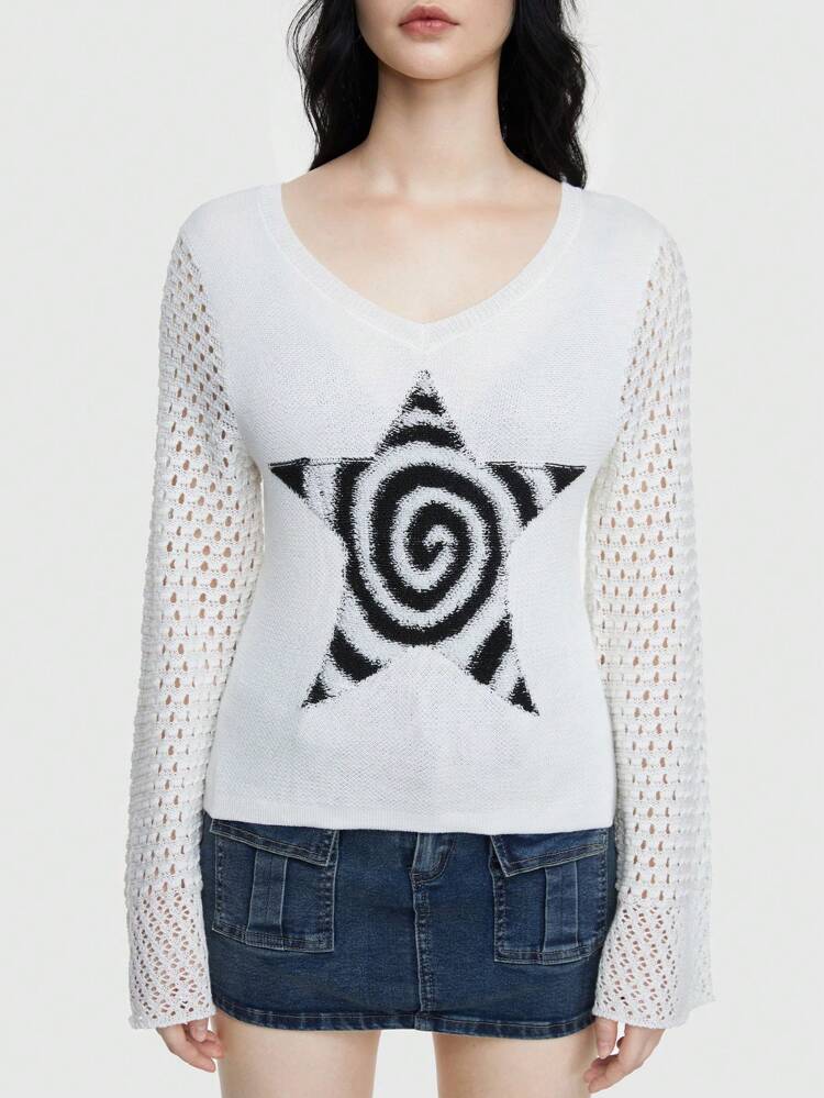 Hollow Out Sweater With Star Pattern And Bell Sleeves