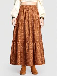 ROMWE Hippie Falda En Línea A Con Dobladillo Con Volantes Y Estampado Floral - Naranja - Ver 3