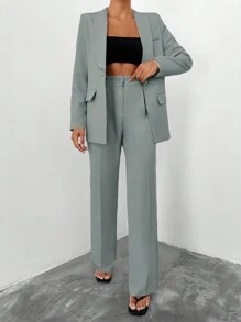 EURMUSE Shawl Collar Single Button Blazer & Pants - Grey - View 4