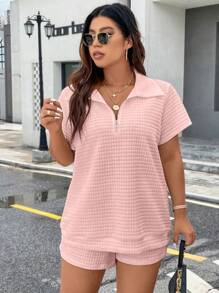 Calvaya Plus Size Women's Zipper Half Placket Short Sleeve Top And Shorts Set