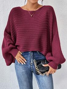 SHEIN Essnce 純色蝙蝠袖毛衣 - 酒紅色 - 查看 1