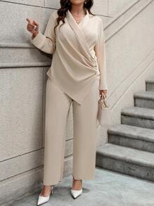 SHEIN Unity 大码优雅纯色不对称下摆上衣和裤子套装 - 杏色 - 查看 4