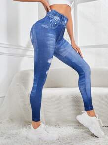Gameset SHEIN Sport Jeans-look Gym Leggings - Blue - View 4