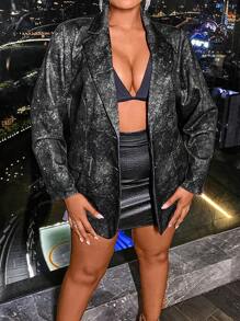 Flirla Plus Size Printed Washed Blazer