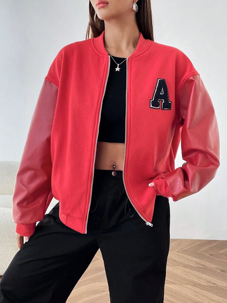 Baseball Jacket With Pu Leather Sleeves And Letter Embroidery