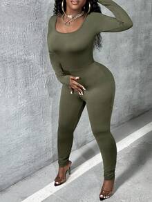 Slaydiva 純色長袖休閒連身褲 - 軍綠色 - 查看 3