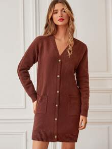 SHEIN Frenchy 女款插肩長袖雙口袋開襟衫 - 棕色 - 查看 5